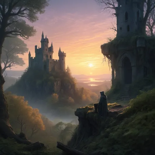 Prompt: Ethereal high-fantasy landscape, dense forest, small  ruined castle at sunrise, one male wizard, alone, magic, sadness, longing, loneliness, loss and grief, bright, ultra realistic, romantic, magical, intense emotions, fading presence, detailed forest, ethereal lighting, atmospheric twilight, highres, high-fantasy, magical realism, emotional, detailed characters, mystical