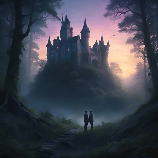 Prompt: Ethereal high-fantasy landscape, dense forest, small castle at twilight, two males in love, one intangible and disappearing, magic, sadness, longing, loneliness, loss and grief, bright, ultra realistic, romantic, magical, intense emotions, fading presence, detailed forest, ethereal lighting, atmospheric twilight, highres, high-fantasy, magical realism, emotional, detailed characters, mystical