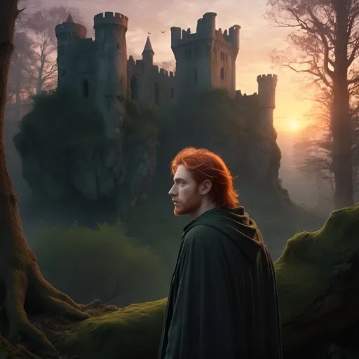 Prompt: Ethereal high-fantasy landscape, dense forest, small  ruined castle at sunrise, one 30 year old red hair, shorthaired male wizard in portrait relief, alone, magic, sadness, longing, loneliness, loss and grief, bright, ultra realistic, romantic, magical, intense emotions, fading presence, detailed forest, ethereal lighting, atmospheric twilight, highres, high-fantasy, magical realism, emotional, detailed characters, mystical