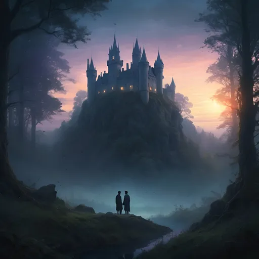 Prompt: Ethereal high-fantasy landscape, dense forest, small castle at twilight, two males in love, one intangible and disappearing, magic, sadness, longing, loneliness, loss and grief, bright, ultra realistic, romantic, magical, intense emotions, fading presence, detailed forest, ethereal lighting, atmospheric twilight, highres, high-fantasy, magical realism, emotional, detailed characters, mystical