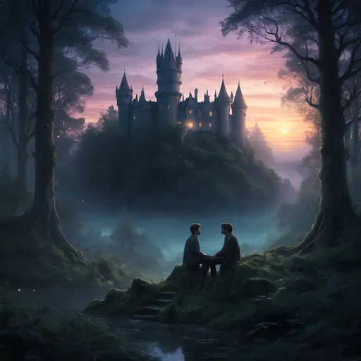 Prompt: Ethereal high-fantasy landscape, dense forest, small castle at twilight, two males in love, one intangible and disappearing, magic, sadness, longing, loneliness, loss and grief, bright, ultra realistic, romantic, magical, intense emotions, fading presence, detailed forest, ethereal lighting, atmospheric twilight, highres, high-fantasy, magical realism, emotional, detailed characters, mystical