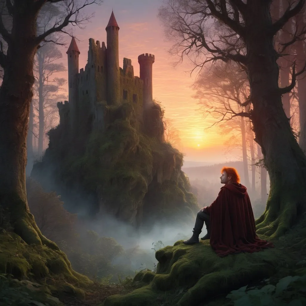 Prompt: Ethereal high-fantasy landscape, dense forest, small  ruined castle at sunrise, one 30 year old red hair, shorthaired male wizard in portrait relief, alone, magic, sadness, longing, loneliness, loss and grief, bright, ultra realistic, romantic, magical, intense emotions, fading presence, detailed forest, ethereal lighting, atmospheric twilight, highres, high-fantasy, magical realism, emotional, detailed characters, mystical