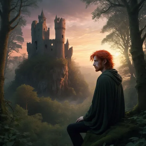 Prompt: Ethereal high-fantasy landscape, dense forest, small  ruined castle at sunrise, one 30 year old red hair, shorthaired male wizard in portrait relief, alone, magic, sadness, longing, loneliness, loss and grief, bright, ultra realistic, romantic, magical, intense emotions, fading presence, detailed forest, ethereal lighting, atmospheric twilight, highres, high-fantasy, magical realism, emotional, detailed characters, mystical, masturbating