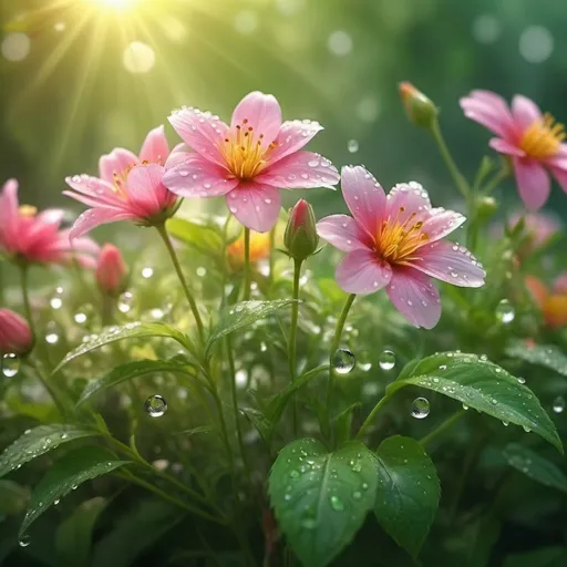 Prompt: (Dans Eden iki tane çiçek), vibrant blooming flowers, glistening dew drops on petals, lush green leaves surrounding, warm sunlight illuminating, serene garden atmosphere, high detail of nature, soft bokeh background, enchanting colors, peaceful mood, natural beauty, petals gently swaying in a light breeze, ultra-detailed, 4K resolution.