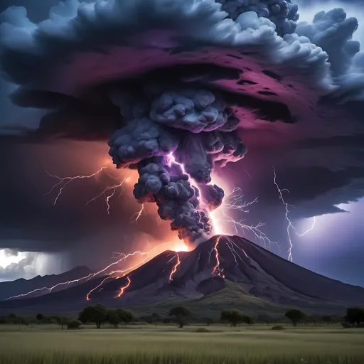 Prompt: nature storming, heavy lightning , volcano erupting