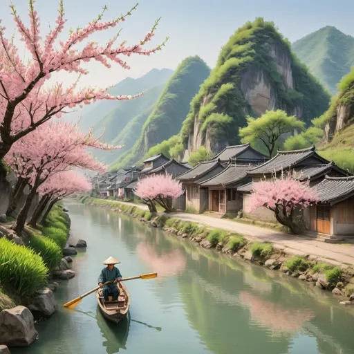 Prompt: A fisherman rowing a boat along a river lined with peach blossoms”
“A narrow mountain pass covered with dense plants and vines”
“A peaceful village with simple houses and smiling villagers”