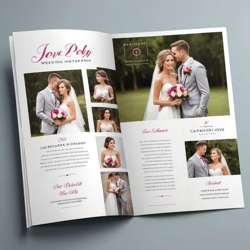 Prompt: (captured in a flash wedding photography brochure), elegantly designed layout, modern and professional style, vibrant color palette, inviting atmosphere, clean spacing for (website QR code), (Instagram QR code), persuasive and relatable typography, appealing visuals, luxury photography quotes, attractive images showcasing joy and love, ultra-detailed presentation, ideal for young couples planning their special day.