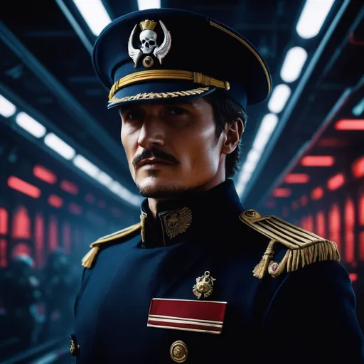 Prompt: Portrait of Pedro Pascal in imperial navy officer uniform, spaceport dock with lots of skulls, warhammer 40k, detailed facial features,  , dark and eerie atmosphere, vibrant red deep blue tones, dramatic lighting, highres, detailed uniform, futuristic spaceport, intricate skull details, professional quality, imperial navy officer, atmospheric lighting