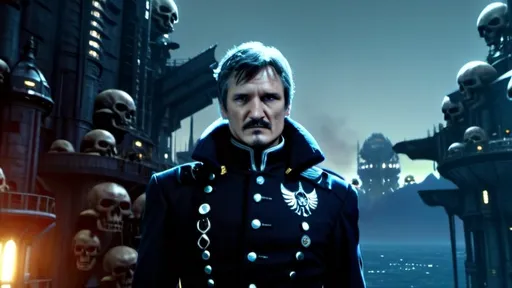 Prompt: Portrait of greying Pedro Pascal in imperial navy officer uniform, spaceport dock with lots of skulls, warhammer 40k, detailed facial features,  , dark and eerie atmosphere, vibrant red deep blue tones, dramatic lighting, highres, detailed uniform, futuristic spaceport, intricate skull details, professional quality, imperial navy officer, atmospheric lighting