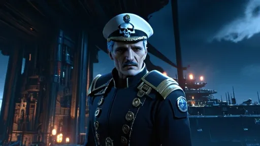 Prompt: Portrait of greying Pedro Pascal in imperial navy officer uniform, spaceport dock with lots of skulls, warhammer 40k, detailed facial features,  , dark and eerie atmosphere, vibrant red deep blue tones, dramatic lighting, highres, detailed uniform, futuristic spaceport, intricate skull details, professional quality, imperial navy officer, atmospheric lighting