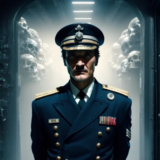 Prompt: Portrait of greying Pedro Pascal in imperial navy officer uniform, spaceport dock with lots of skulls, warhammer 40k, detailed facial features,  , dark and eerie atmosphere, vibrant red deep blue tones, dramatic lighting, highres, detailed uniform, futuristic spaceport, intricate skull details, professional quality, imperial navy officer, atmospheric lighting