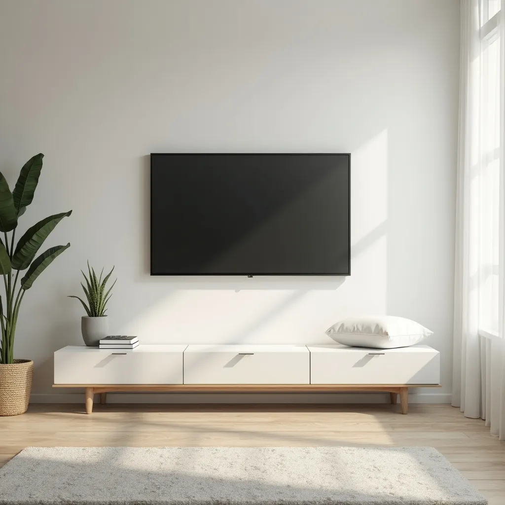 Prompt: Create a 16:9 image of a living room backgroun with a tv mount placed on the wall but no tv is there. Make the living room a simple and minimalistic design as the image is to be used as background
