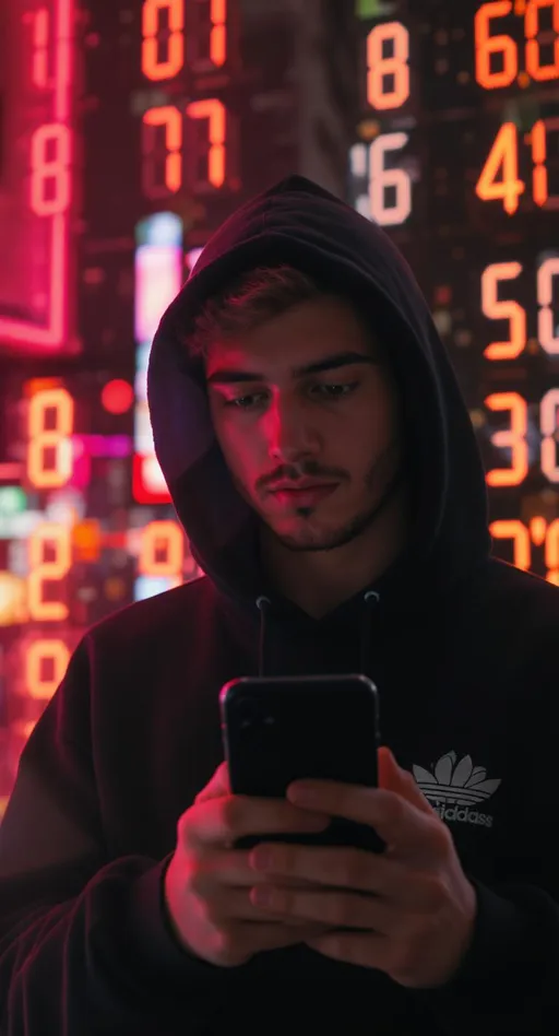 Prompt: A focused young man holding a phone, standing in front of a neon-lit background with digital numbers rising around him. Urban style, dark hoodie, streetwear vibe. Cinematic lighting.