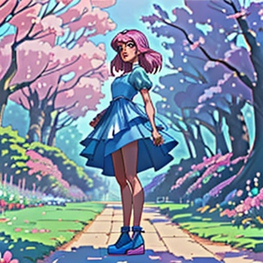 Prompt: Bloom from Winx wearing a light and layered blue dress with a hint of pink, standing in a park surounded by many flowers and trees on a sunny day