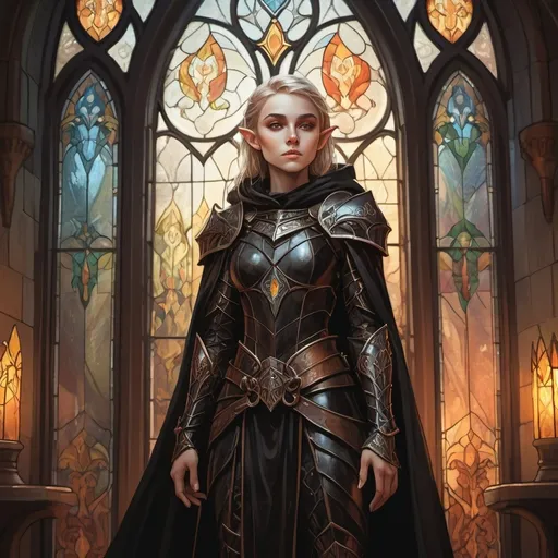 Prompt: a young elf woman wearing intricate dark leather armor and black cloak standing before a stained glass window, fantasy character art, illustration, dnd, warm tone