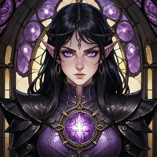 Prompt: tarot card Anime illustration, a long black-haired elf with glowing purple eyes, ominous stained glass, detailed leather gear, dramatic lighting, serious expression, pale skin