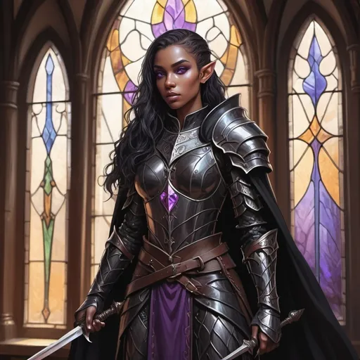 Prompt: an elf woman with gray skin, a loose black ponytail and purple eyes wearing intricate dark leather armor and black cloak standing before a stained glass window with a black rapier, fantasy character art, illustration, dnd, warm tone