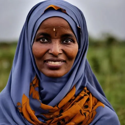 Prompt: A Somali mother who lives in the countryside is beautiful and it rains