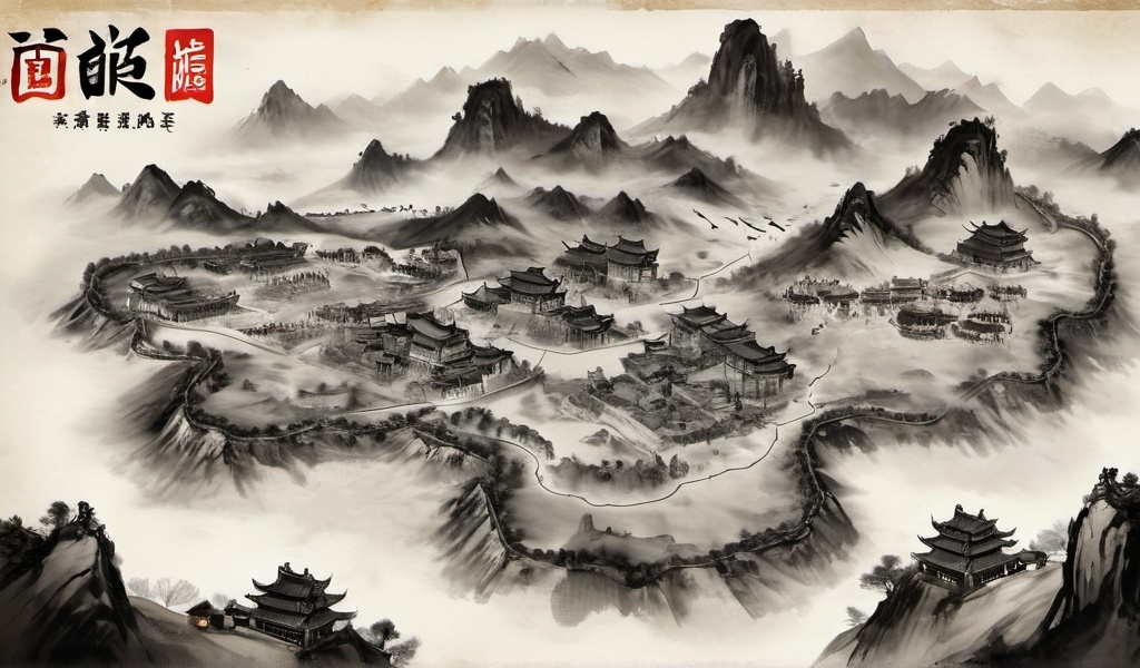 Prompt: Total War: THREE KINGDOMS,Chinese game map,Ink wash painting