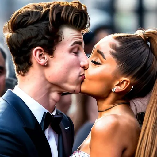 Prompt: ariana grande kissing shawn mendes, popperazzi photo, on the street, realistic