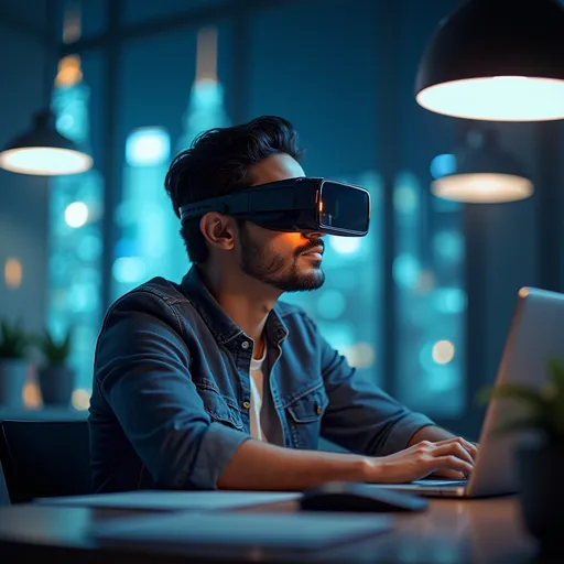 Prompt: AR glasses showcasing advanced technology, featuring Rajat Sharma, innovative founder, engrossed in a creative workspace, sleek high-tech designs surrounding him, soft ambient lighting enhancing the futuristic atmosphere, blurred city skyline in the background, highlighting the intersection of technology and reality, ultra-detailed, vivid colors, high-quality execution, a blend of visionary and professional ambiance.