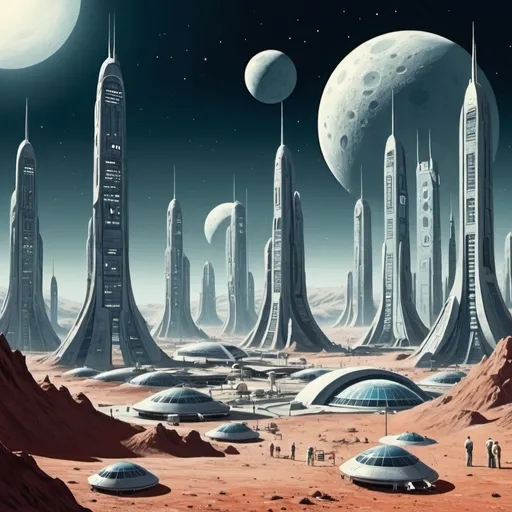 Prompt: A futuristic city located on the moon of a large planet. Image in the style of SF magazines from the 1950s.