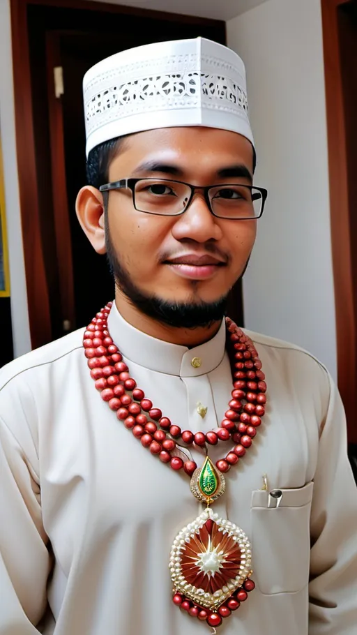 Prompt: untaian kalung mutiara yang muncul dari ujung ufuk gurun sahara  berlatar perbukitan bebatuan. mengalir ke penonton, melewati masjid-masjid di sepanjang untaiannya,

Langit merah fajar dengan dihiasi bulan sabit dan bintang.