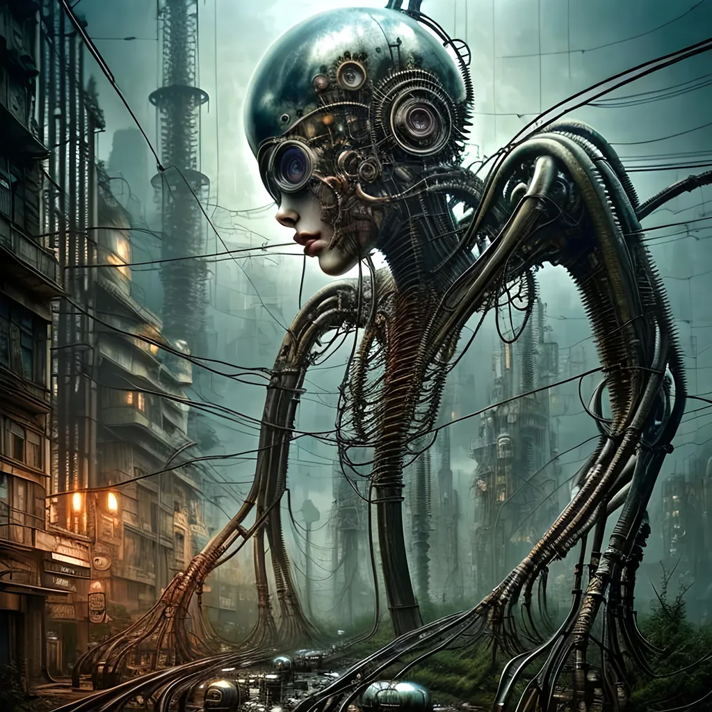 Prompt: 
dystopian steampunk world, human robot hybrid citizens, overgrown nature, biopunk, cable electric wires, microchip, anatomical, polished, porcelain, ultra detailed, ultra realistic, extremely realistic, intricate, photorealistic, epic composition, masterpiece, H.R.Giger style
