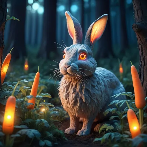 Prompt: Mysterious rabbit with glowing eyes, enchanted forest at twilight, whimsical 3D rendering, vibrant and surreal, magical carrot garden, detailed fur with ethereal glows, intense and curious gaze, fantasy, high quality, whimsical, surreal, enchanted forest, glowing eyes, mystical, twilight lighting