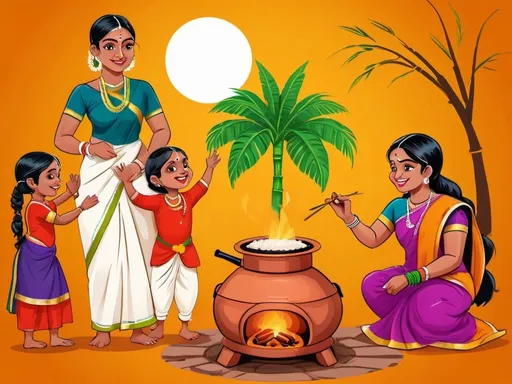 Prompt: Pongal celebration scene, (Tamil family), (traditional attire), small clay pot with brick stove,  vibrant sugarcane nearby,, open natural ambiance with cattles like cow, country chicken, goat family, high quality, festive decorations, lush green surroundings, cultural richness, joyous expressions, unity and tradition exemplified, beautifully arranged elements celebrating the festival of Pongal, ultra-detailed, captivating warmth of family love and festive spirit.