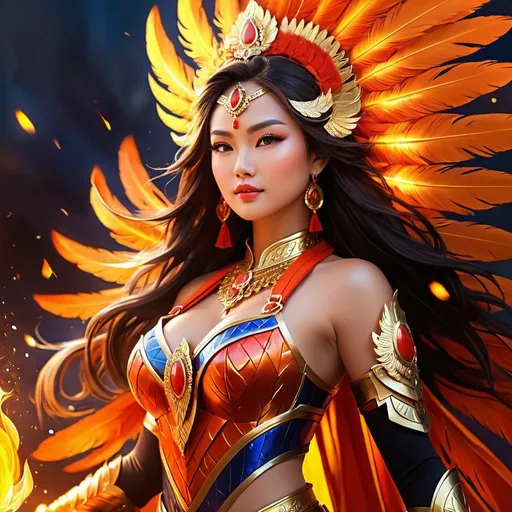 Prompt: Majestic Vietnames goddess of fire, fiery armor, intense and powerful, vibrant colors, high quality, digital painting, fiery and passionate, detailed feathers, strong and confident stance, mythical and regal, glowing embers, dynamic lighting, professional, fiery reds, oranges, yellows, vibrant lighting, goddess, fire, powerful, intense, fiery wings, regal, vibrant colors, digital painting, detailed feathers, confident stance, mythical, dynamic lighting