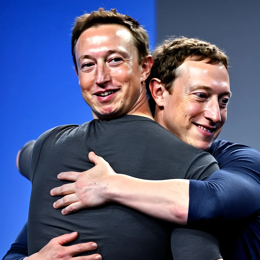 Prompt: Elon Musk and Mark Zuckerberg intimately hugging 