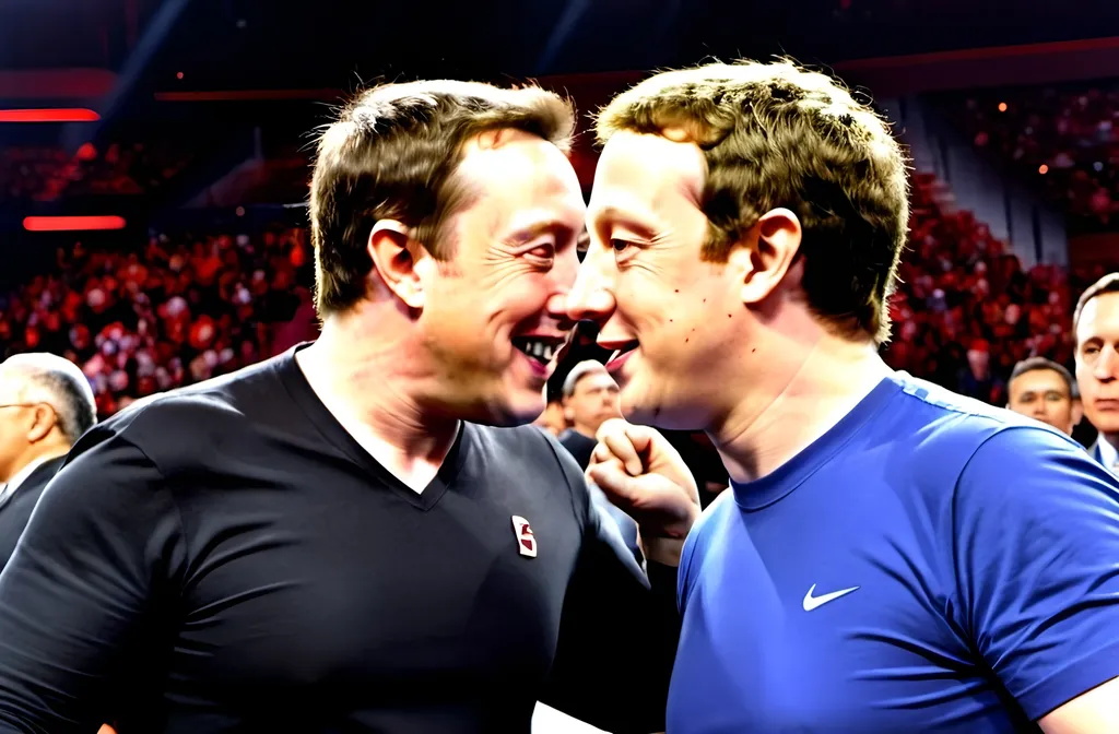 Prompt: Elon Musk and Mark Zuckerberg wrestling 