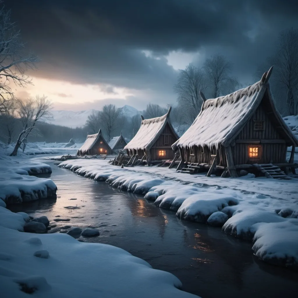 Prompt: small Viking longhouse, snowy, frozen river, dramatic fantasy settlement scene, cinematic lighting