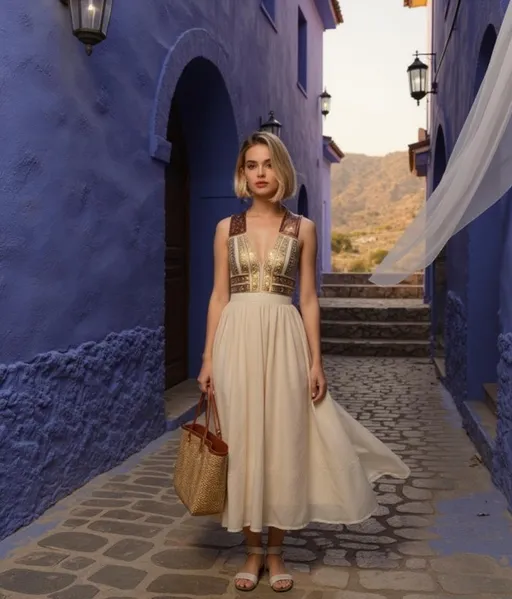 Prompt: "A young blonde woman with short hair and a modern style, wears a light cream-colored dress with golden geometric details that recall Berber motifs. She is standing in a narrow alley in Chefchaouen, surrounded by walls painted in deep blue shades, with stone arches and hanging Moroccan lanterns. The golden light of the sunset filters between the houses, creating soft shadows. At her feet, a woven leather bag and a pair of beige sandals. In the background, a staircase that disappears among the plates and a partial view of the Atlas Mountains. In the distance, a silhouette of dunes of the Sahara Desert blends with the orange sky, while a veil of light wind lifts a corner of her dress."