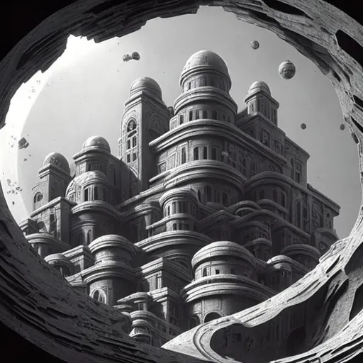 Prompt: An Escher like building, in black and white, that looks like it's on another planet. The view should be from a distance, and if you look closely you can see small alien life forms, like ants, surrounding the buildings.