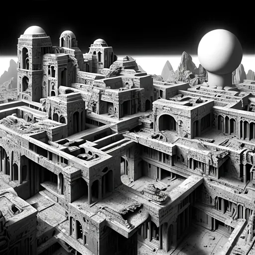 Prompt: An Escher like building, in black and white, that looks like it's on another planet. The view should be from a distance, and if you look closely you can see small alien life forms, like ants, surrounding the buildings.
