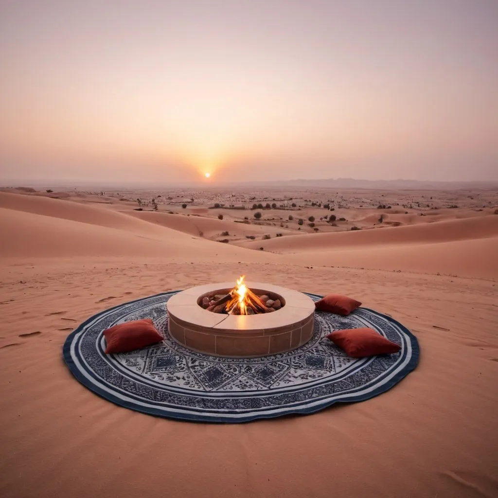 Prompt: Befor sunrise in the middle of the desert in winter with cozy place of Arabian family