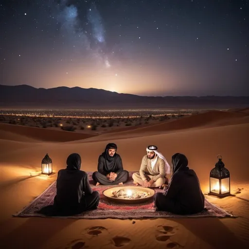 Prompt:  at night with sky full of stars in the middle of the desert in winter with cozy place of Arabian family