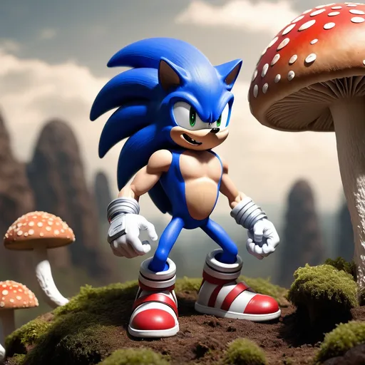 Prompt: create a muscular sonic on a mushroom planet