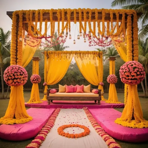 Prompt: Create a wedding decoration theme for haldi ceremeony and lights aesthetic and flowers