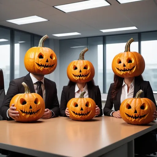 Prompt: Office employees with Halloween pumpkin heads, realistic digital art, professional setting, detailed pumpkin carvings, high quality, realistic, digital art, Halloween theme, office setting, professional attire, realistic lighting, realistic textures