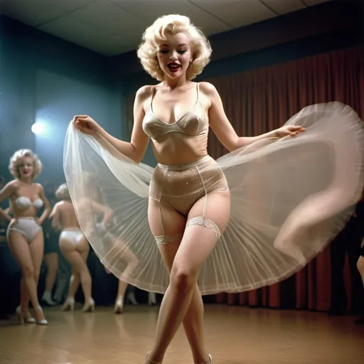 Prompt: Marilyn Monroe, dancing in stockings on the dancing floor, transparent underwear, 80s disco style, hyper realistic photography