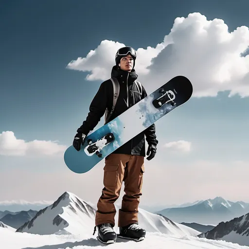 Prompt: a man standing on a mountain with a snowboard in his hand and a sky background with clouds in the sky, Daryush Shokof, aestheticism, promotional image, a character portrait