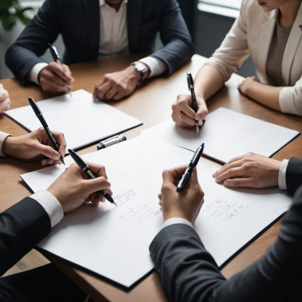 Prompt: multiple people are writing something with pens on a couple of paper. they are in a meeting room, discussing on a project they are in charge of. 