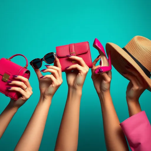 Prompt: (photorealistic) display of five elegant women's hands holding stylish accessories, (graceful posture), carefully arranged in a vertical alignment, featuring a chic handbag, fashionable sunglasses, glamorous high heels, and a stylish hat. The lighting is soft, highlighting the elegance of the accessories, with a vibrant, sophisticated backdrop, ultra-detailed presentation, capturing the essence of modern femininity.