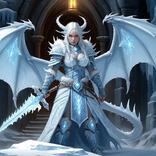 Prompt: Female Mountain Dwarf, White Dragon Sorcerer, Cultist of the White Dragon, Soul edge weapon, Frost Magic, Ice Magic, White Dragon wings, Fantasy Art, high quality, detailed, fantasy, icy blue tones, magical lighting, intricate details, mystical atmosphere