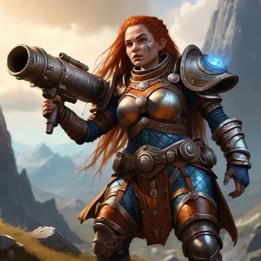 Prompt: Female mountain dwarf cleric of trickery and grassland druid, dimir operative, wielding dwarven rocket launcher, wearing magical leather armor and prosthetic limb, fantasy art, highres, detailed, fantasy, dwarf, cleric, trickery, grassland druid, dimir operative, rocket launcher, magical leather armor, prosthetic limb, fantasy art, vibrant colors, detailed facial features, dramatic lighting, Female, Woman
