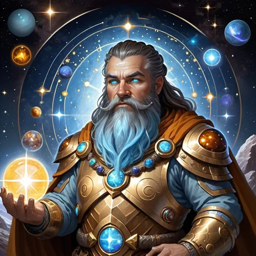 Prompt: Quantum Dwarf, male, well-built, pale blue to deep bronze skin, long braided beard with starry pattern, amber eyes, impressive armor, intergalactic theme, durable material, precious jewels and gems, solar system map, Hourglass breastplate, cosmic dust cloak, Golden dwarven lords battleaxe, staff of pure energy, wise, enigmatic, calm confidence, experience, mastery over time and space, deep connection to cosmos, metaphors and analogies from heaven, humble, reserved, loyalty, honor, cryptic, mysterious