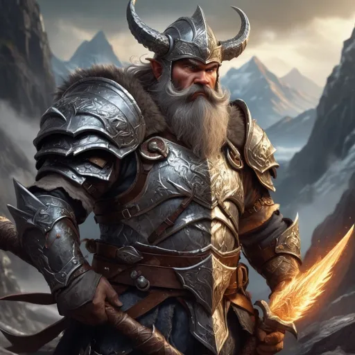 Prompt: Male Mountain Dwarf in plate armor, wielding a Magical Pickaxe, wearing a Crown of Magic, dragon hunter ranger, paladin of vengeance, bard of valor, intense and focused gaze, epic fantasy illustration, detailed facial hair and rugged features, highres, ultra-detailed, fantasy, dragon hunting, epic, rugged design, atmospheric lighting